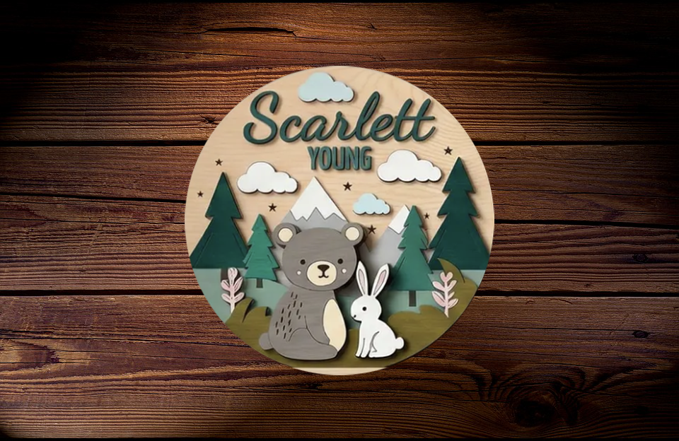 Personalized Baby Name Sign – Custom Bunny & Bear Nursery Wall Decor